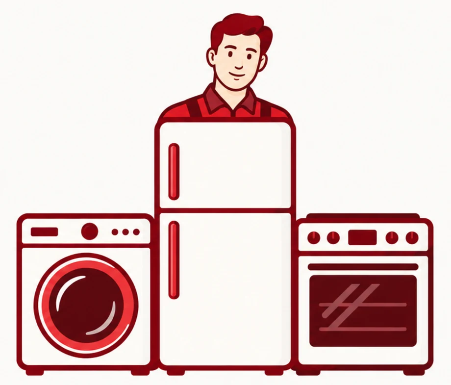 Illustratie: technieker van Witgoed Specialist achter een koelkast, met wasmachine en oven